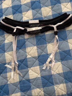 Black Lace Sheer Polkadot Garter Belt with White Satin Trim